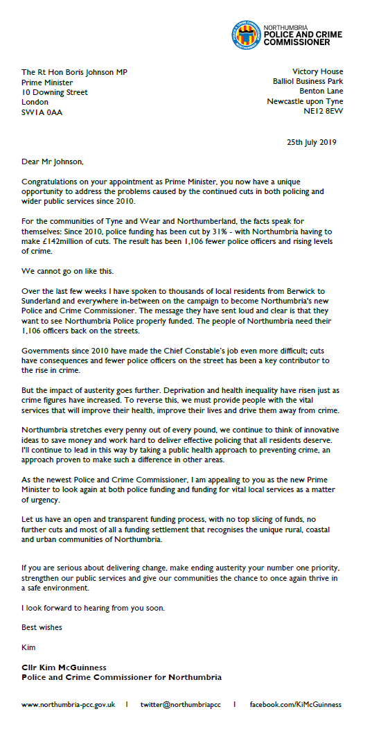 Correspondence from PCC K McGuinness to Boris Johnson PM 24.07.19